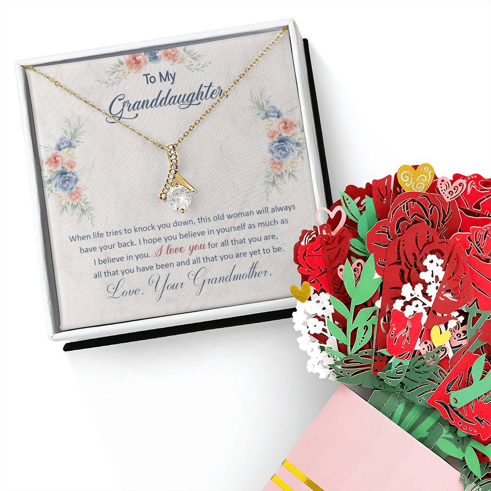 To My Granddaughter, This Old Woman Will Always Have Your Back Aluring Beauty Necklace and Sweet Devotion Bouquet