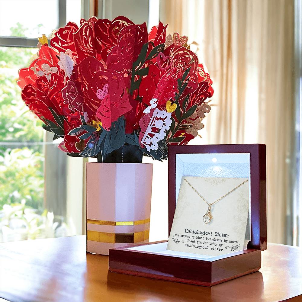 To My Unbiological Sister, Sister By Heart Aluring Beauty Necklace and Sweet Devotion Bouquet