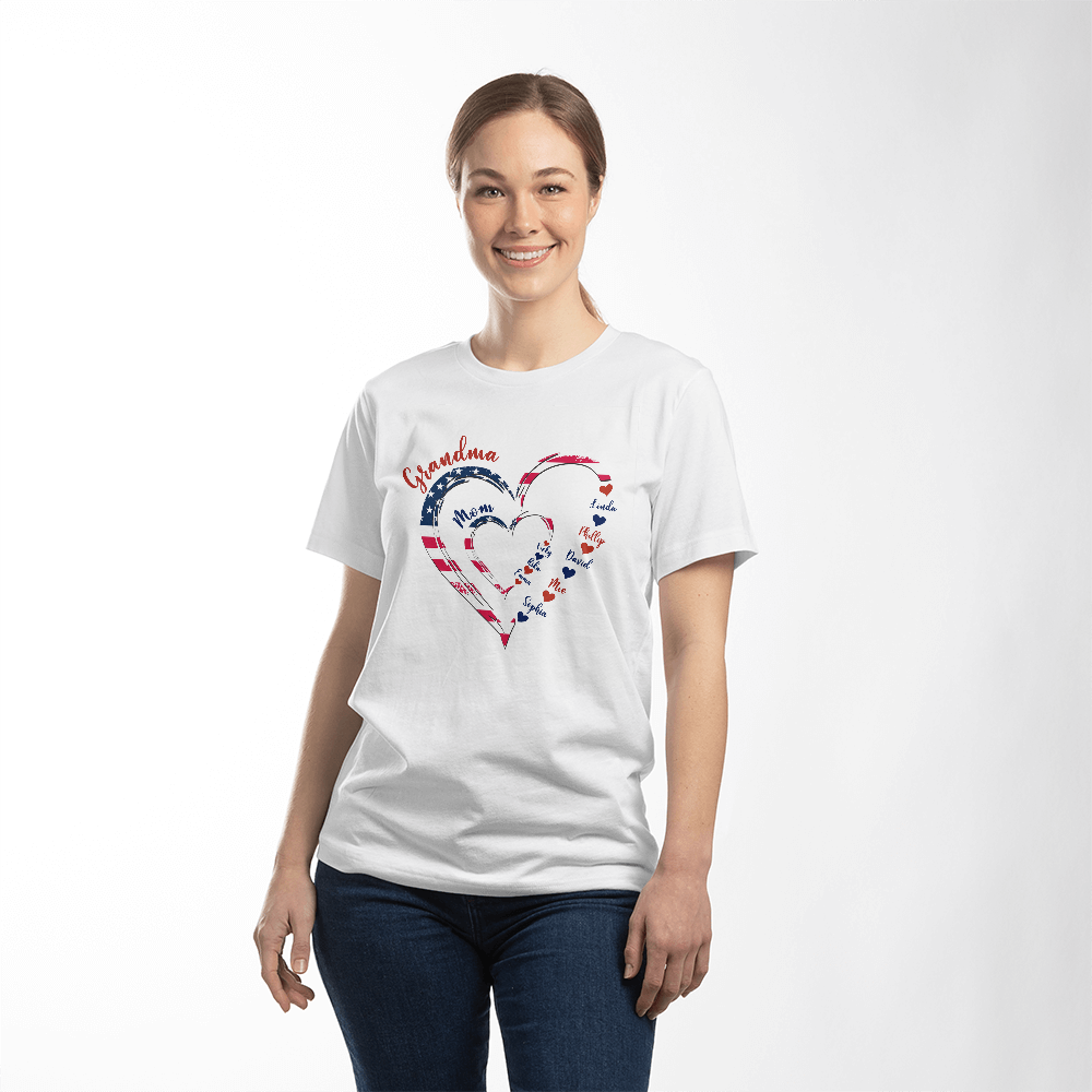Patriotic Heart T-Shirt for Family Celebrations, Gift for Grandma, Mom, Love, Independence Day, Heartwarming Tee