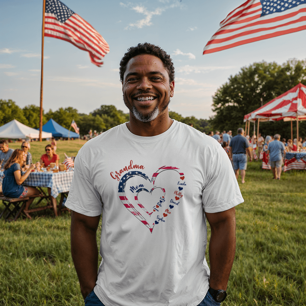 Patriotic Heart T-Shirt for Family Celebrations, Gift for Grandma, Mom, Love, Independence Day, Heartwarming Tee