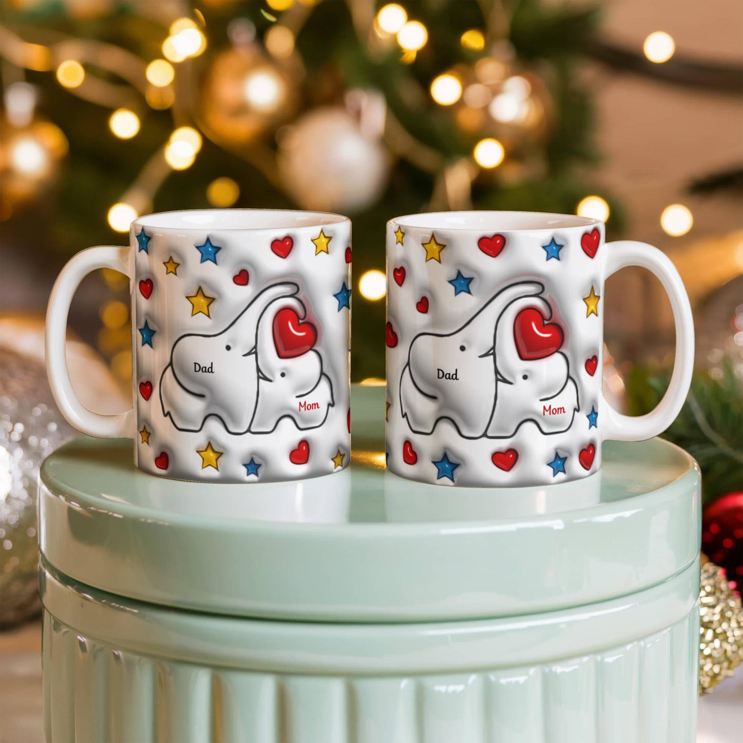 Cute Elephant Family Mug - Heart & Star Design, Gift for Mom & Dad, Personalized Gift, Cozy Home, Birthday, Love Fathers Day Gift 11 and 15 OZ