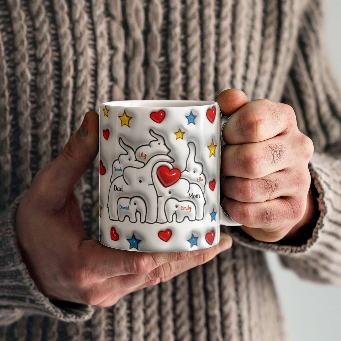 Cute Elephant Family Mug - Heart & Star Design, Gift for Mom & Dad, Personalized Gift, Cozy Home, Birthday, Love Fathers Day Gift