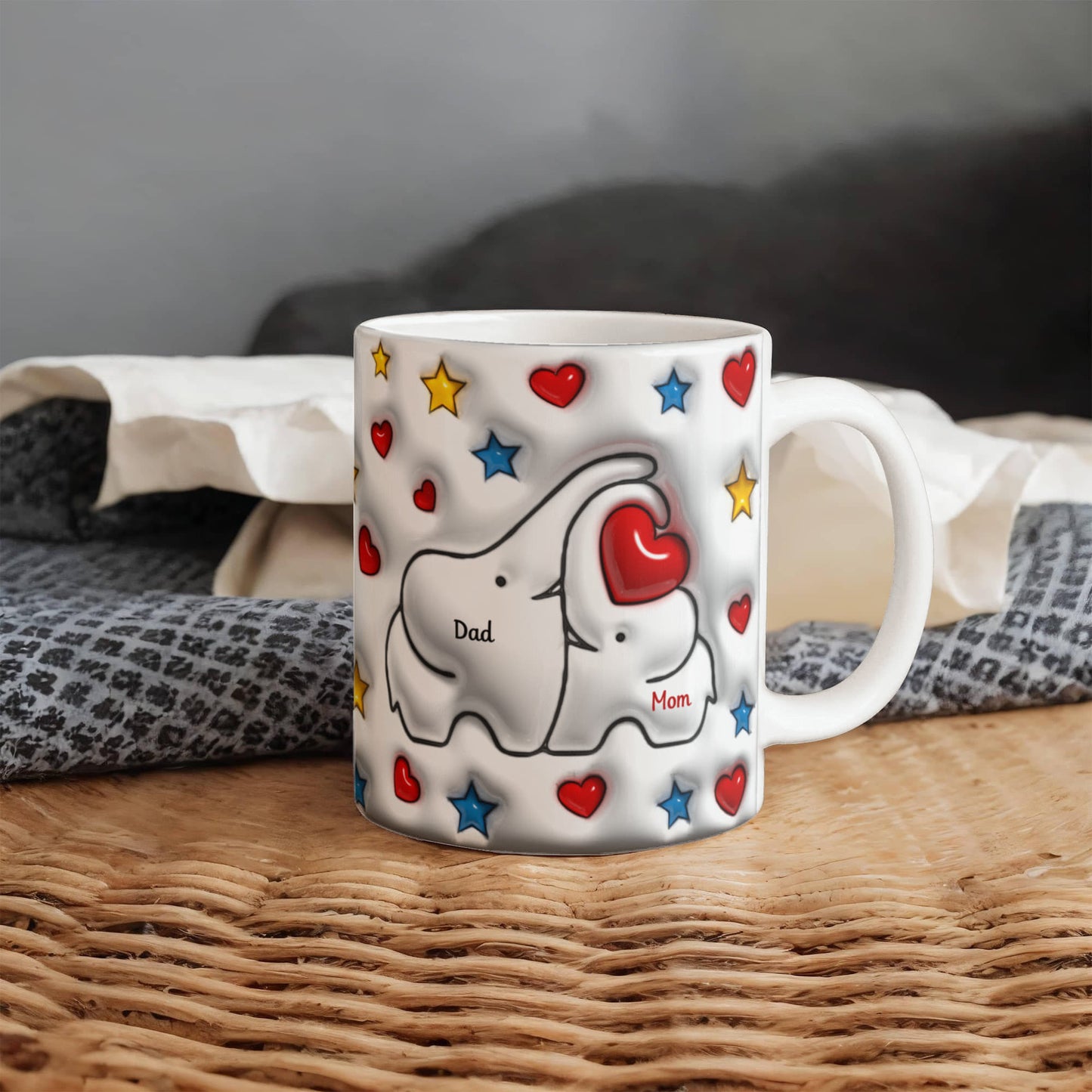 Cute Elephant Family Mug - Heart & Star Design, Gift for Mom & Dad, Personalized Gift, Cozy Home, Birthday, Love Fathers Day Gift 11 and 15 OZ