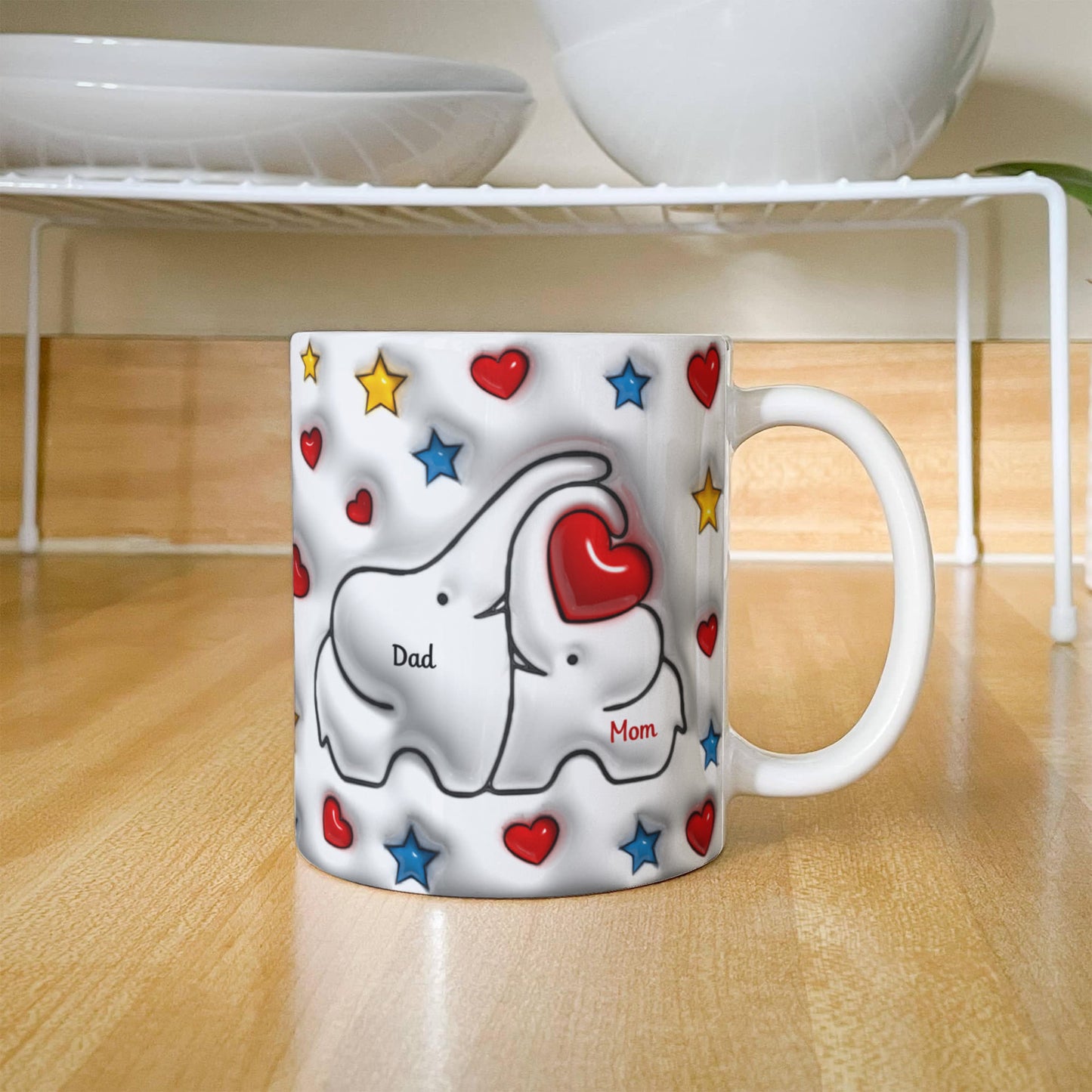 Cute Elephant Family Mug - Heart & Star Design, Gift for Mom & Dad, Personalized Gift, Cozy Home, Birthday, Love Fathers Day Gift 11 and 15 OZ