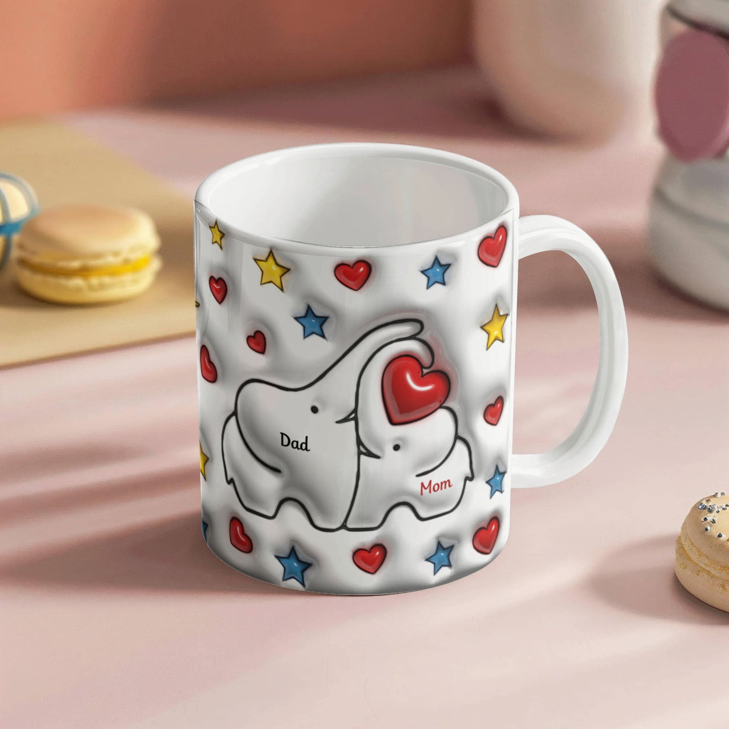 Cute Elephant Family Mug - Heart & Star Design, Gift for Mom & Dad, Personalized Gift, Cozy Home, Birthday, Love Fathers Day Gift 11 and 15 OZ