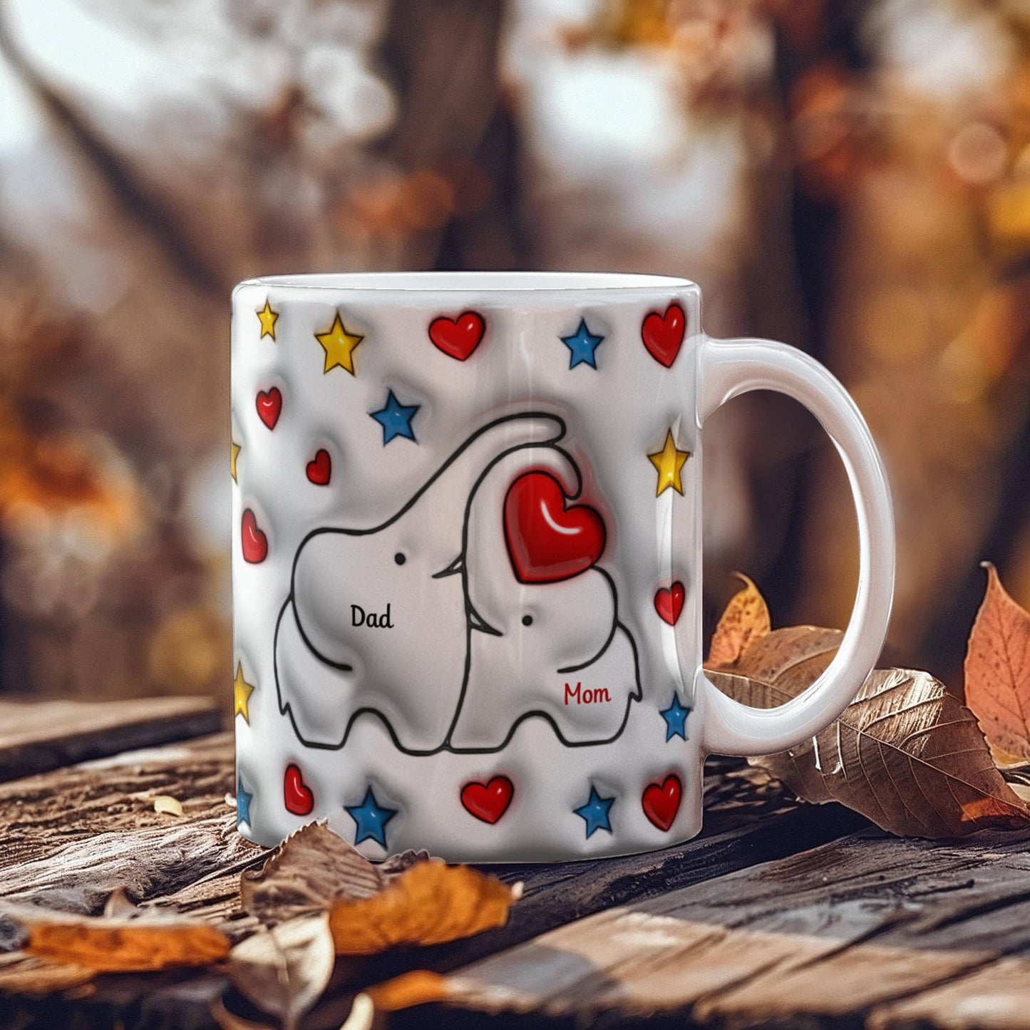 Cute Elephant Family Mug - Heart & Star Design, Gift for Mom & Dad, Personalized Gift, Cozy Home, Birthday, Love Fathers Day Gift 11 and 15 OZ