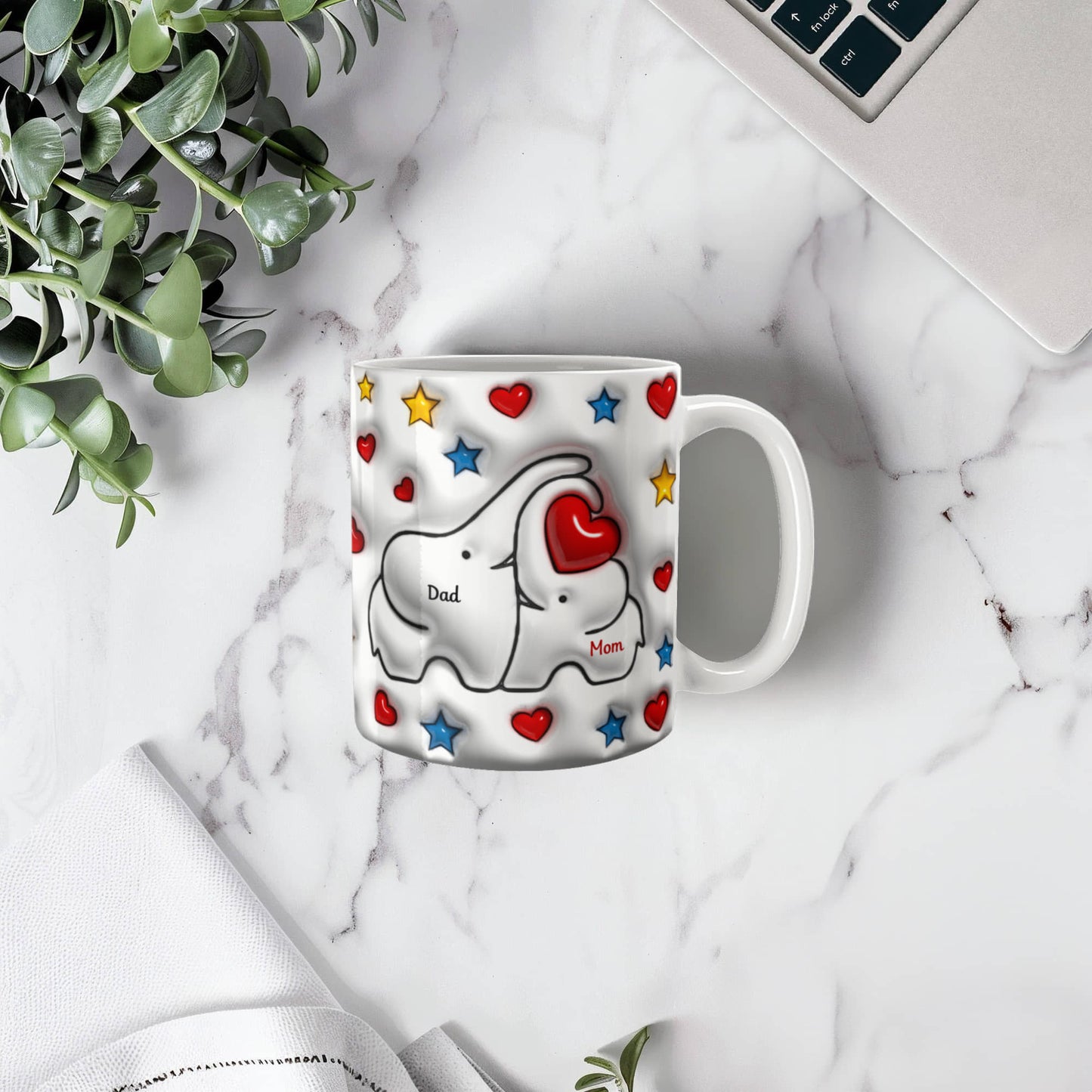 Cute Elephant Family Mug - Heart & Star Design, Gift for Mom & Dad, Personalized Gift, Cozy Home, Birthday, Love Fathers Day Gift 11 and 15 OZ