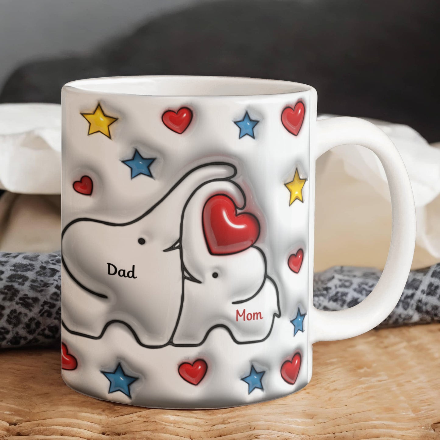 Cute Elephant Family Mug - Heart & Star Design, Gift for Mom & Dad, Personalized Gift, Cozy Home, Birthday, Love Fathers Day Gift 11 and 15 OZ
