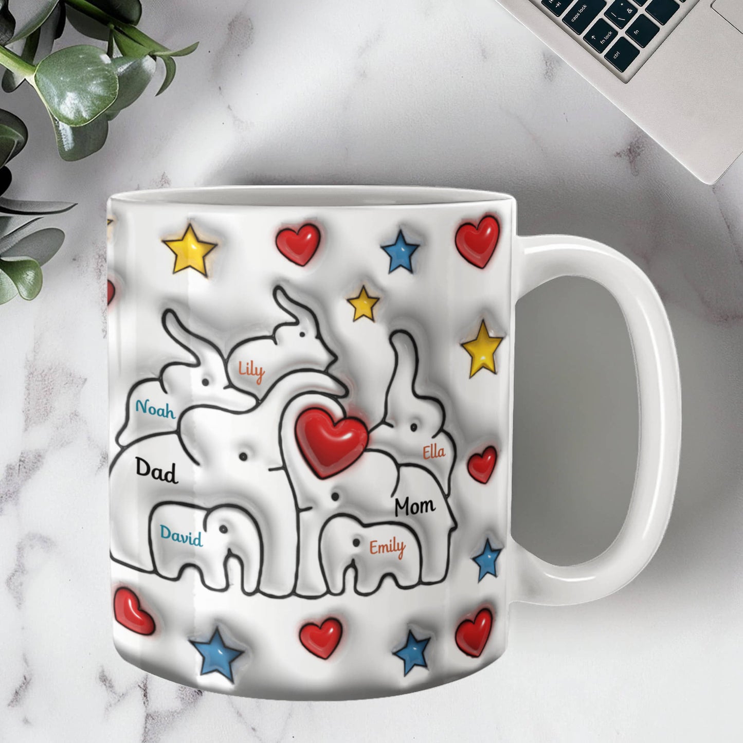 Cute Elephant Family Mug - Heart & Star Design, Gift for Mom & Dad, Personalized Gift, Cozy Home, Birthday, Love Fathers Day Gift