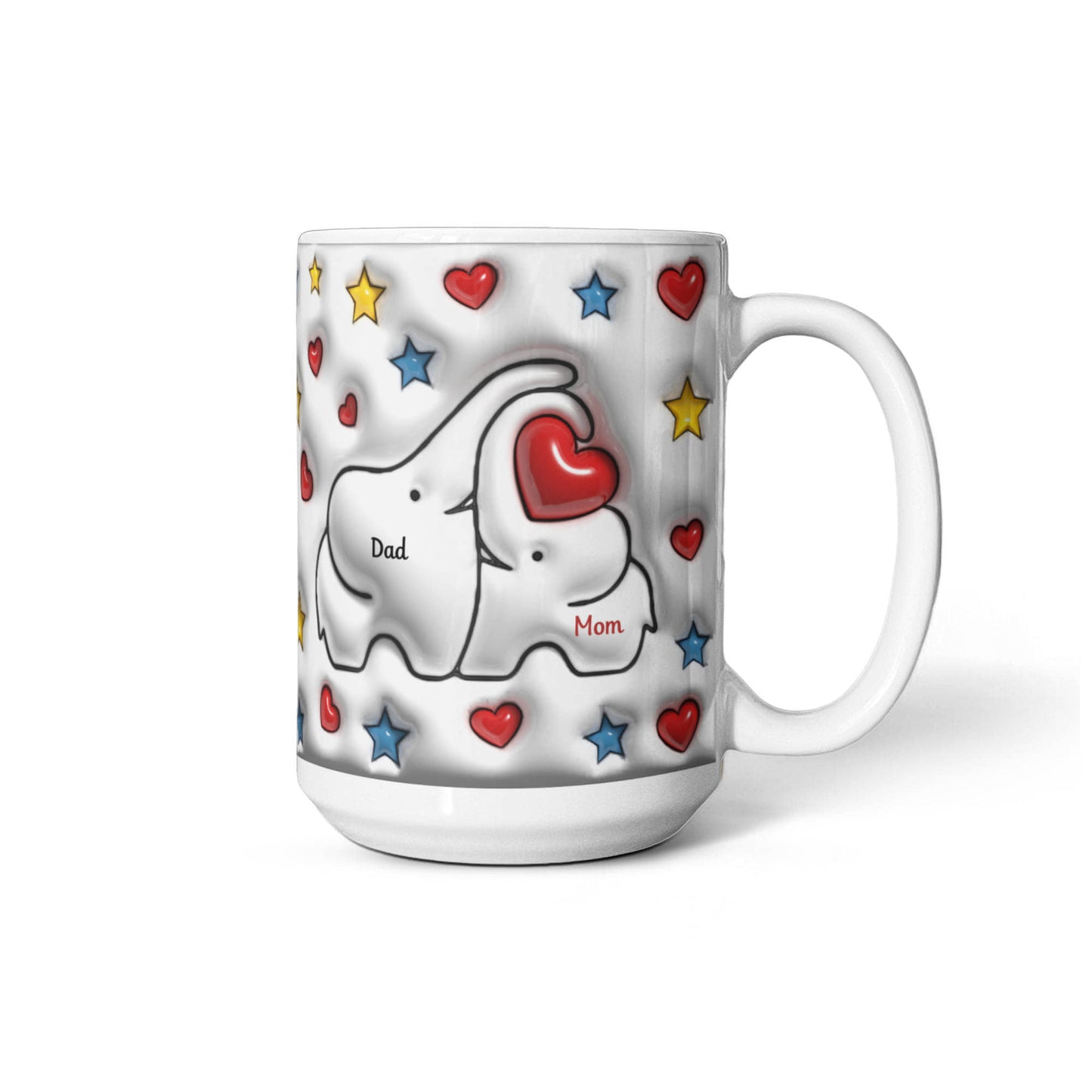 Cute Elephant Family Mug - Heart & Star Design, Gift for Mom & Dad, Personalized Gift, Cozy Home, Birthday, Love Fathers Day Gift 11 and 15 OZ