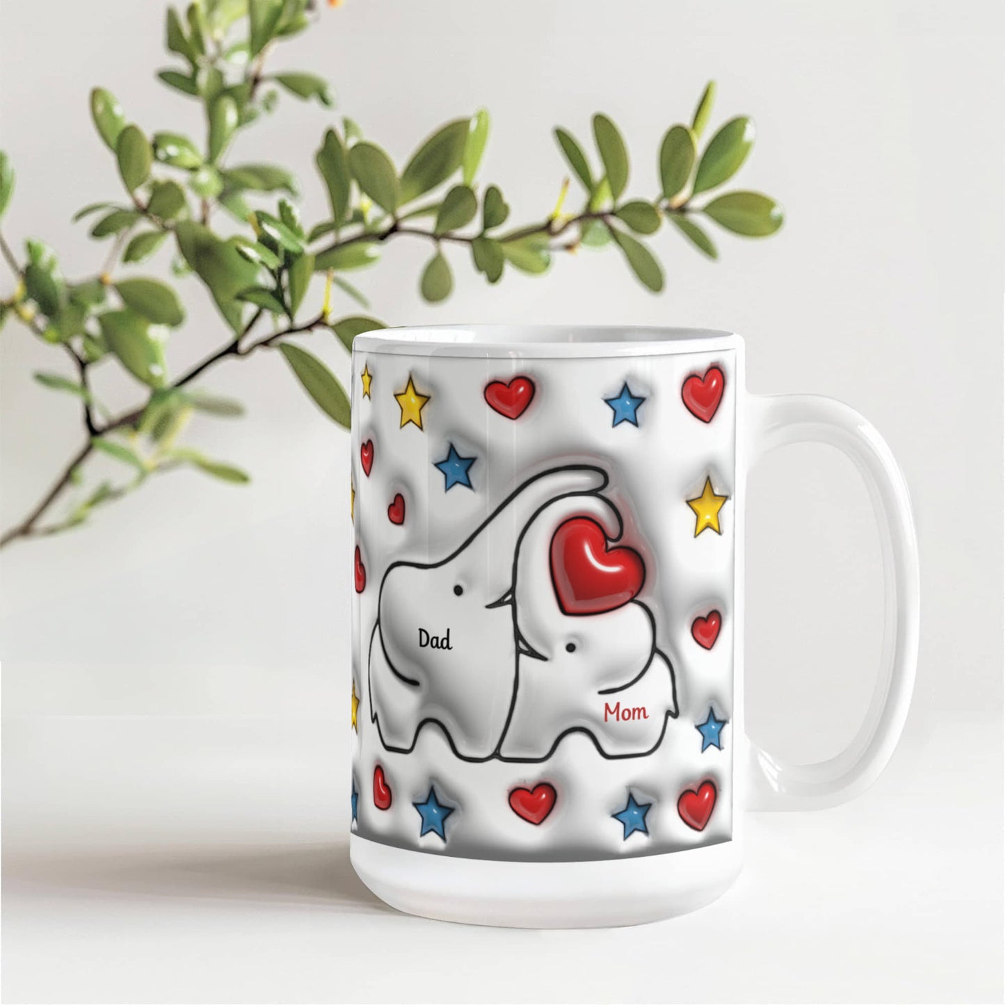 Cute Elephant Family Mug - Heart & Star Design, Gift for Mom & Dad, Personalized Gift, Cozy Home, Birthday, Love Fathers Day Gift 11 and 15 OZ
