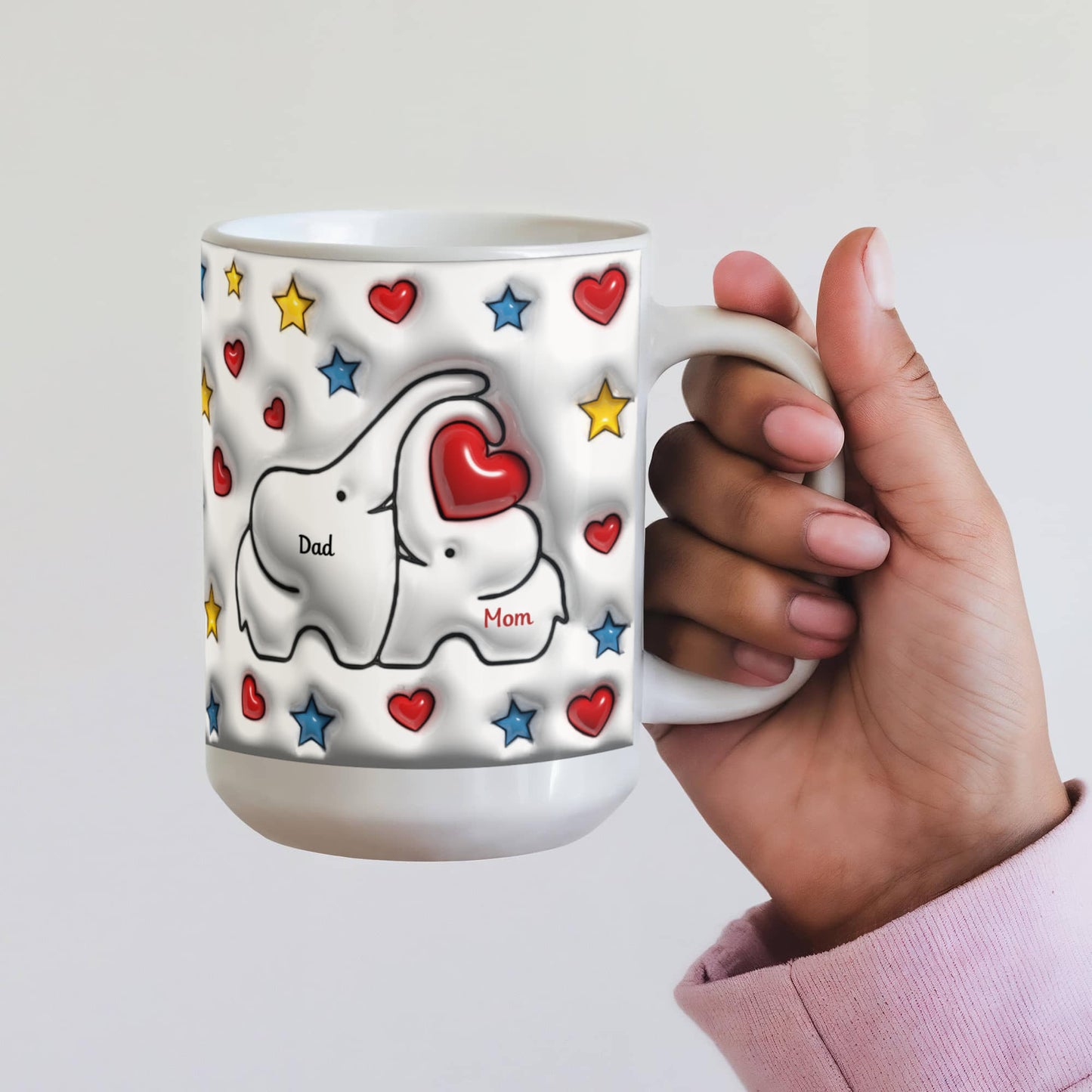 Cute Elephant Family Mug - Heart & Star Design, Gift for Mom & Dad, Personalized Gift, Cozy Home, Birthday, Love Fathers Day Gift 11 and 15 OZ