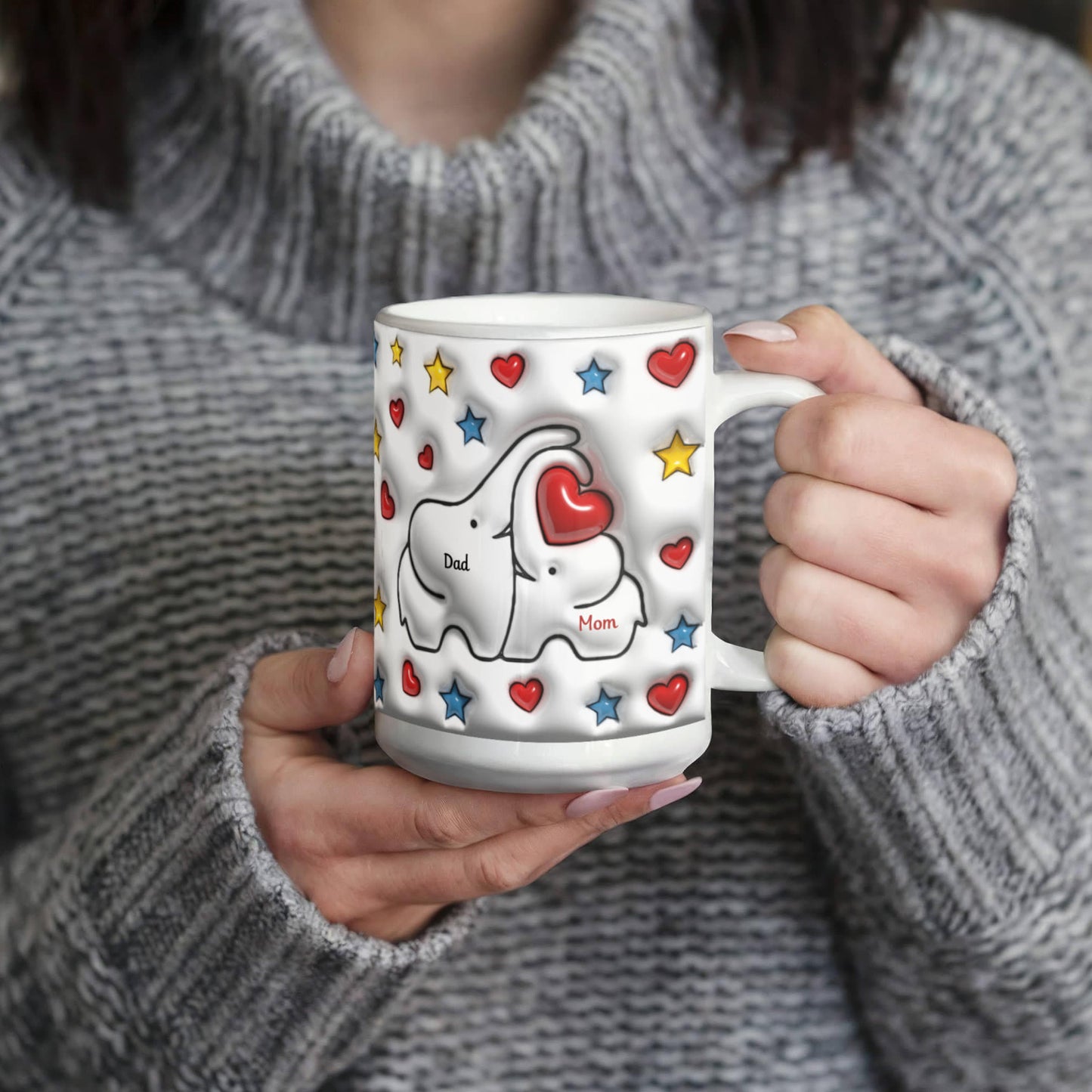 Cute Elephant Family Mug - Heart & Star Design, Gift for Mom & Dad, Personalized Gift, Cozy Home, Birthday, Love Fathers Day Gift 11 and 15 OZ