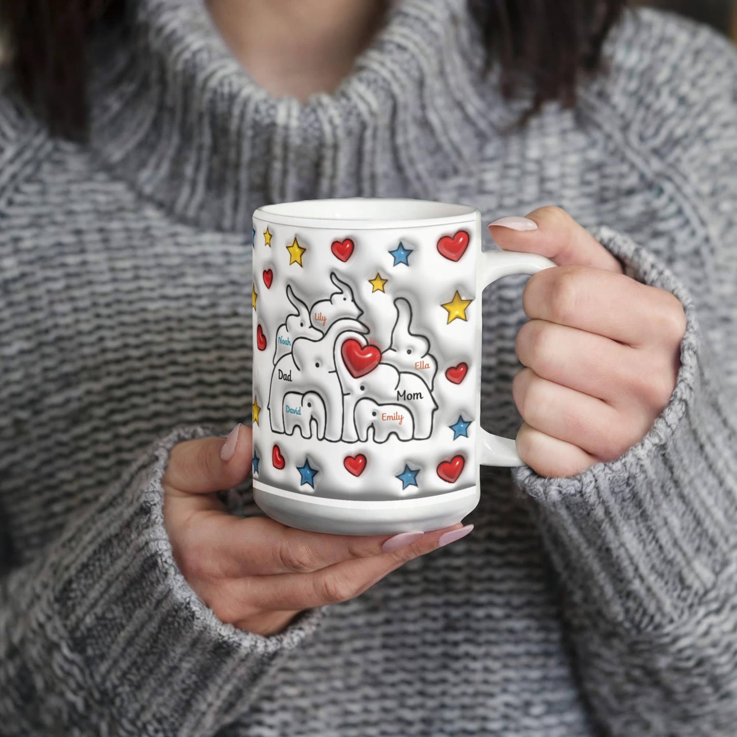 Cute Elephant Family Mug - Heart & Star Design, Gift for Mom & Dad, Personalized Gift, Cozy Home, Birthday, Love Fathers Day Gift