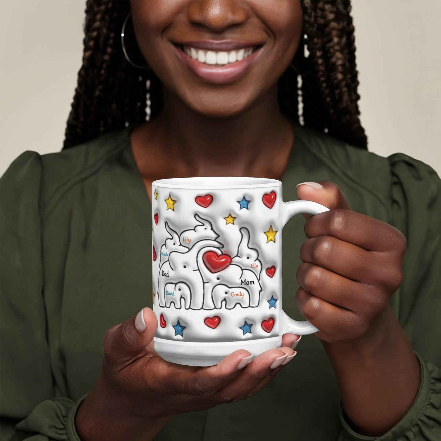 Cute Elephant Family Mug - Heart & Star Design, Gift for Mom & Dad, Personalized Gift, Cozy Home, Birthday, Love Fathers Day Gift