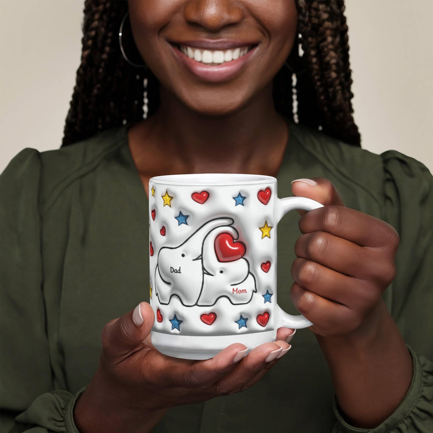 Cute Elephant Family Mug - Heart & Star Design, Gift for Mom & Dad, Personalized Gift, Cozy Home, Birthday, Love Fathers Day Gift 11 and 15 OZ