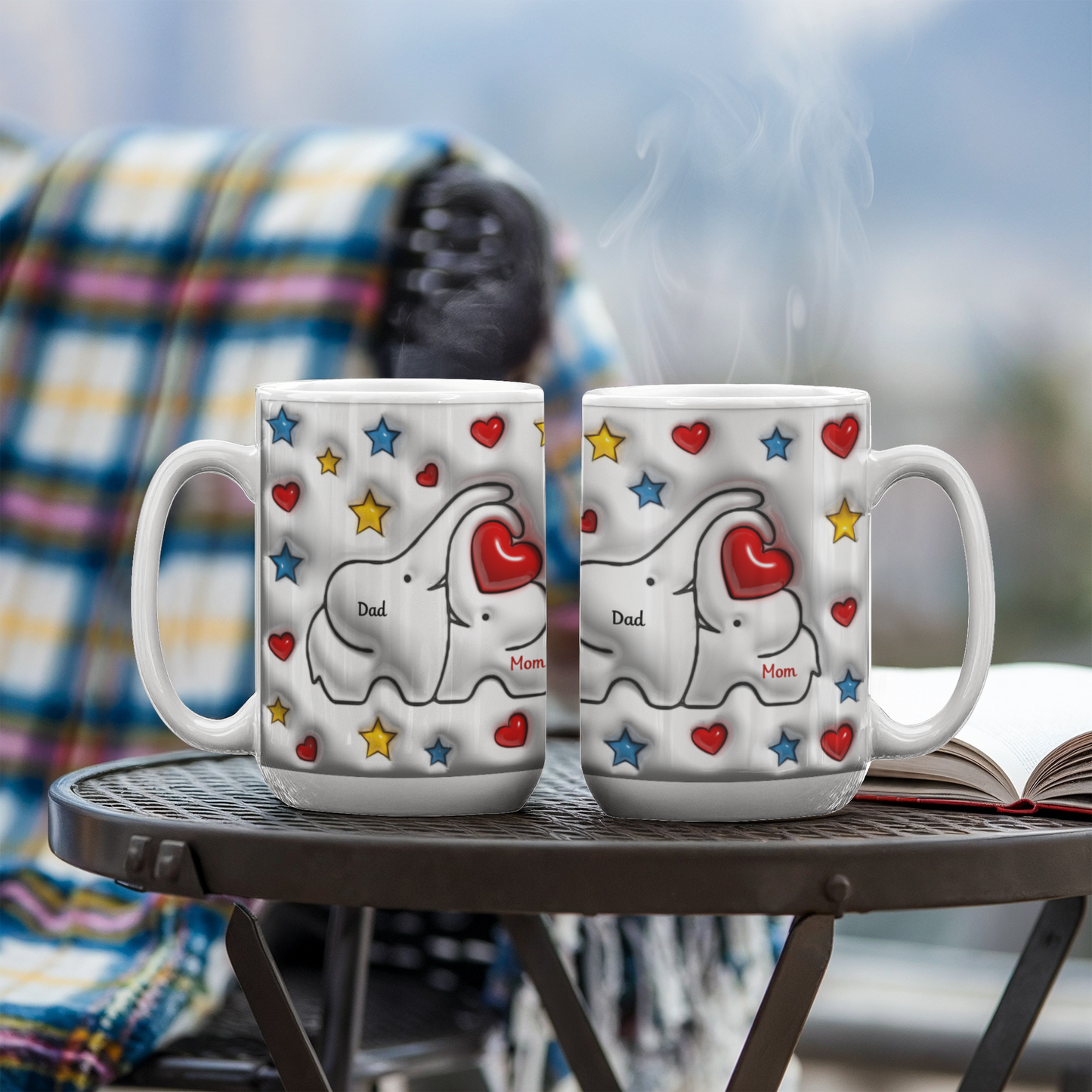 Cute Elephant Family Mug - Heart & Star Design, Gift for Mom & Dad, Personalized Gift, Cozy Home, Birthday, Love Fathers Day Gift 11 and 15 OZ