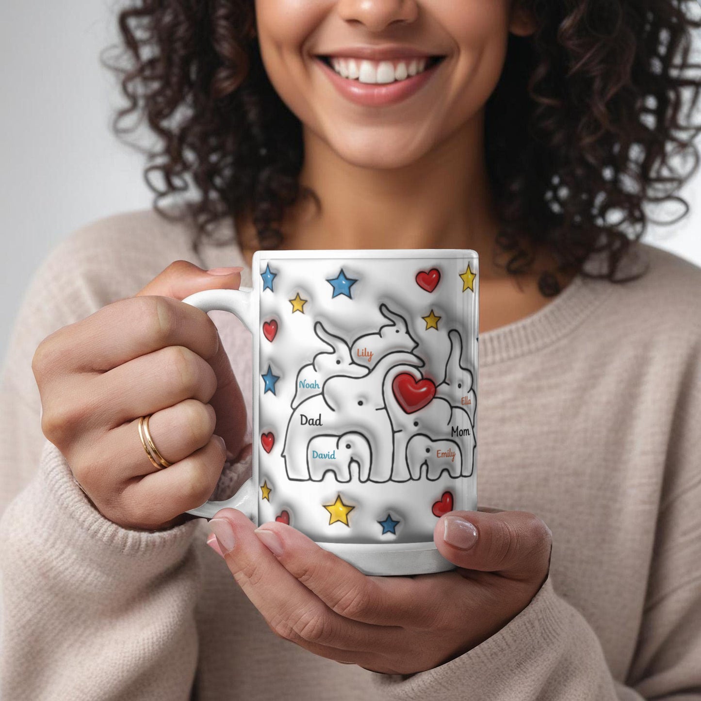 Cute Elephant Family Mug - Heart & Star Design, Gift for Mom & Dad, Personalized Gift, Cozy Home, Birthday, Love Fathers Day Gift