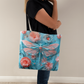 Turquoise Elegance: Dragonfly and Flowers Tote Bag