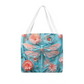 Turquoise Elegance: Dragonfly and Flowers Tote Bag