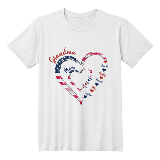Patriotic Heart T-Shirt for Family Celebrations, Gift for Grandma, Mom, Love, Independence Day, Heartwarming Tee