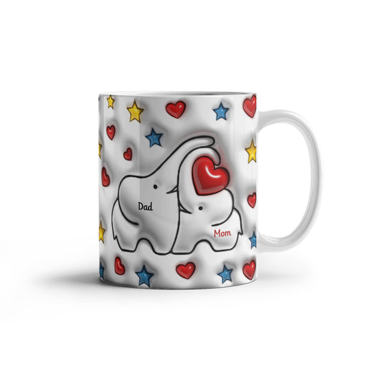 Cute Elephant Family Mug - Heart & Star Design, Gift for Mom & Dad, Personalized Gift, Cozy Home, Birthday, Love Fathers Day Gift 11 and 15 OZ
