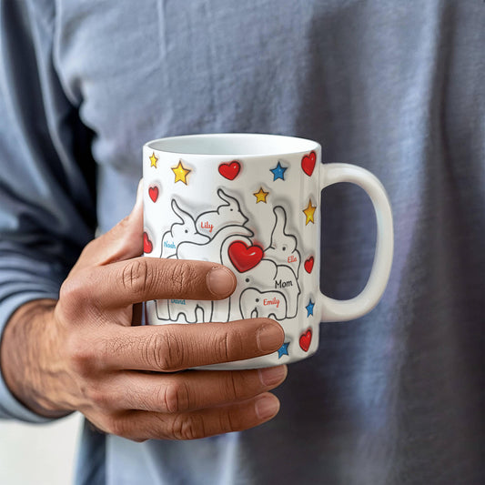 Cute Elephant Family Mug - Heart & Star Design, Gift for Mom & Dad, Personalized Gift, Cozy Home, Birthday, Love Fathers Day Gift