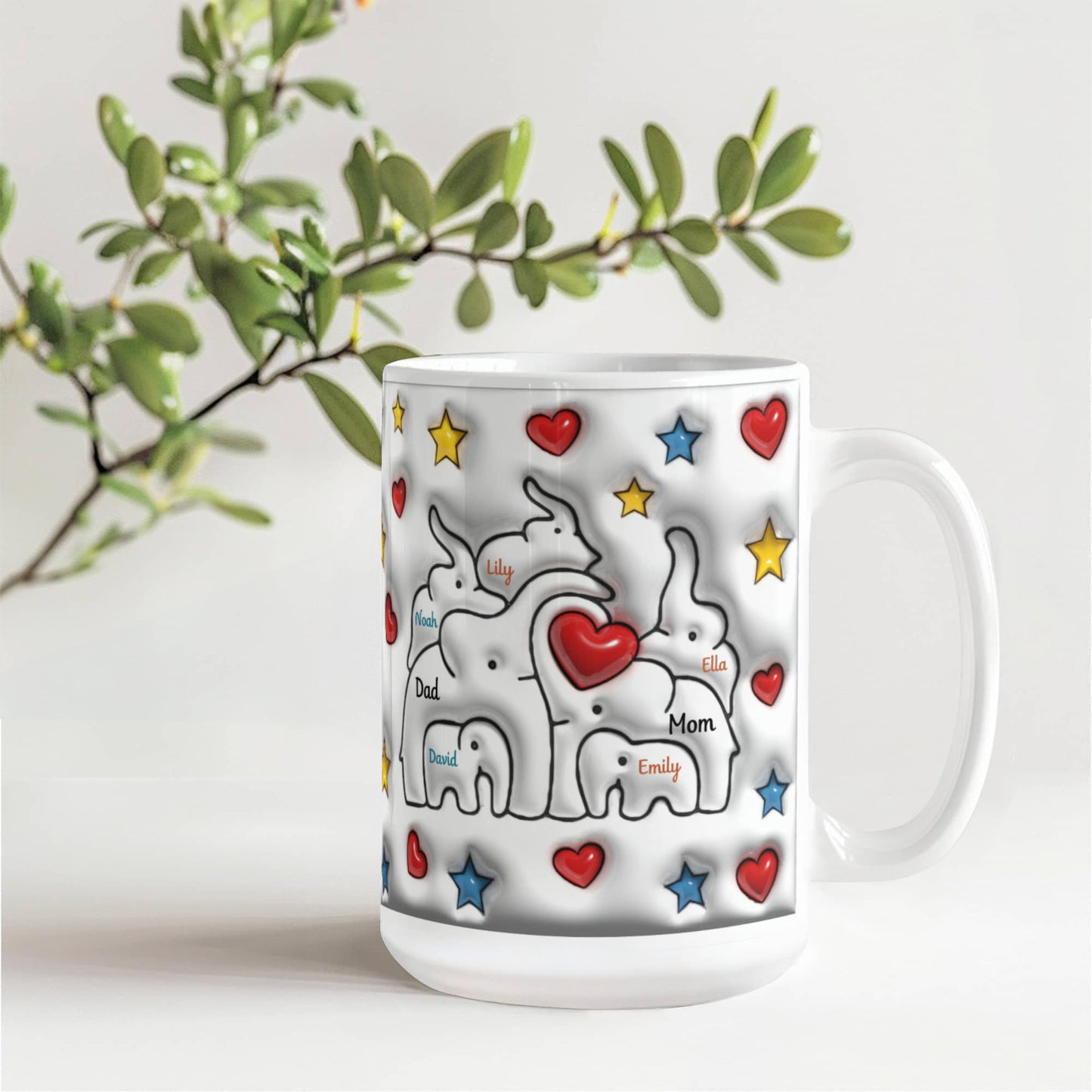 Cute Elephant Family Mug - Heart & Star Design, Gift for Mom & Dad, Personalized Gift, Cozy Home, Birthday, Love Fathers Day Gift